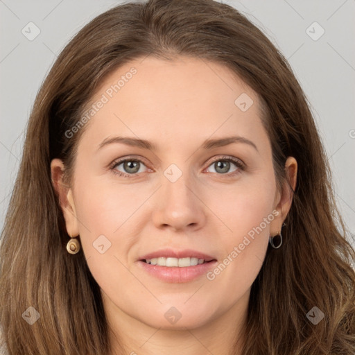 Joyful white young-adult female with long  brown hair and grey eyes