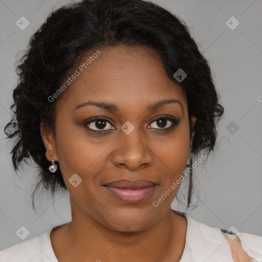 Joyful black young-adult female with medium  brown hair and brown eyes