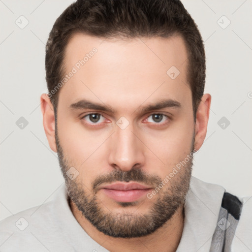 Neutral white young-adult male with short  brown hair and brown eyes