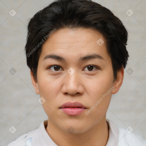 Joyful asian young-adult female with short  brown hair and brown eyes