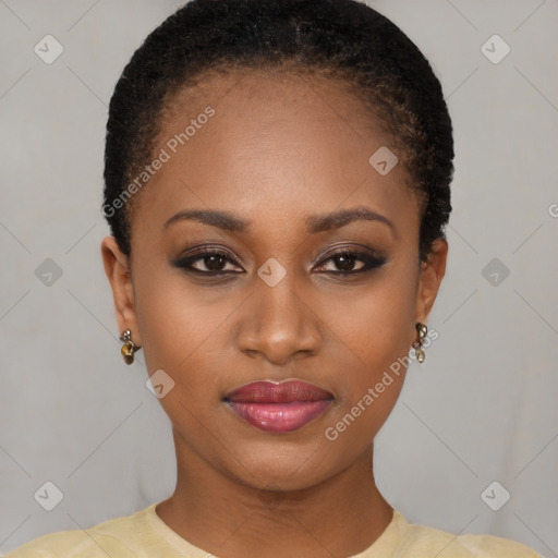 Joyful latino young-adult female with short  black hair and brown eyes