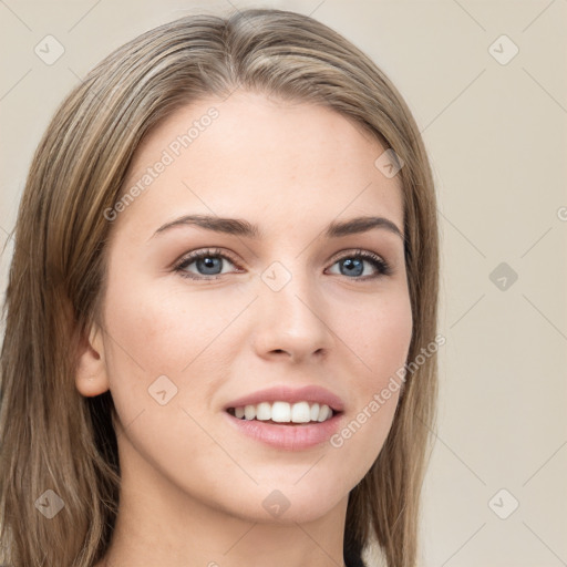 Joyful white young-adult female with long  brown hair and grey eyes