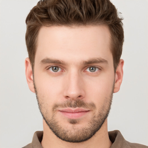 Neutral white young-adult male with short  brown hair and grey eyes