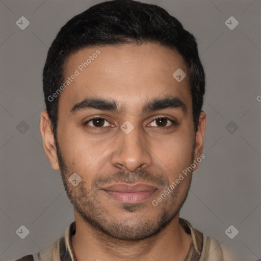 Neutral latino young-adult male with short  black hair and brown eyes