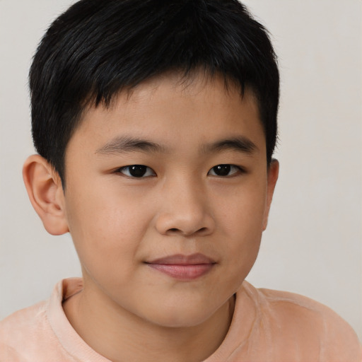 Joyful asian child male with short  brown hair and brown eyes