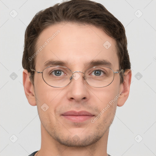 Joyful white adult male with short  brown hair and grey eyes