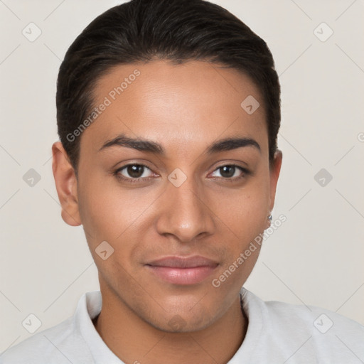 Joyful white young-adult female with short  brown hair and brown eyes