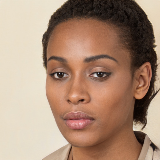 Neutral black young-adult female with long  brown hair and brown eyes