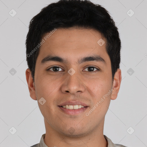 Joyful white young-adult male with short  black hair and brown eyes