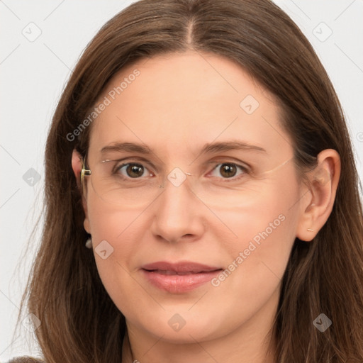 Joyful white adult female with long  brown hair and brown eyes