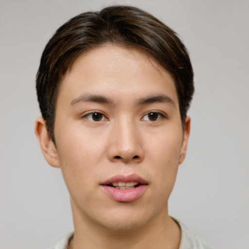 Neutral asian young-adult male with short  brown hair and brown eyes