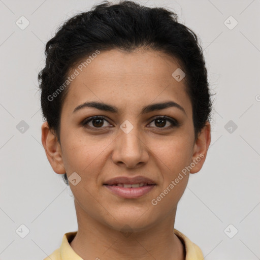 Joyful latino young-adult female with short  brown hair and brown eyes