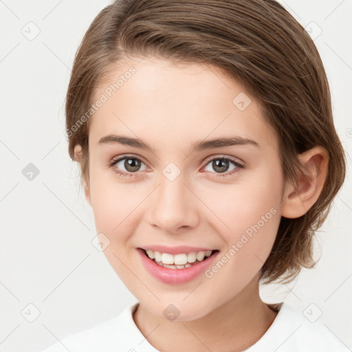 Joyful white young-adult female with medium  brown hair and green eyes