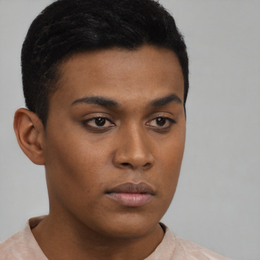 Neutral latino young-adult male with short  brown hair and brown eyes
