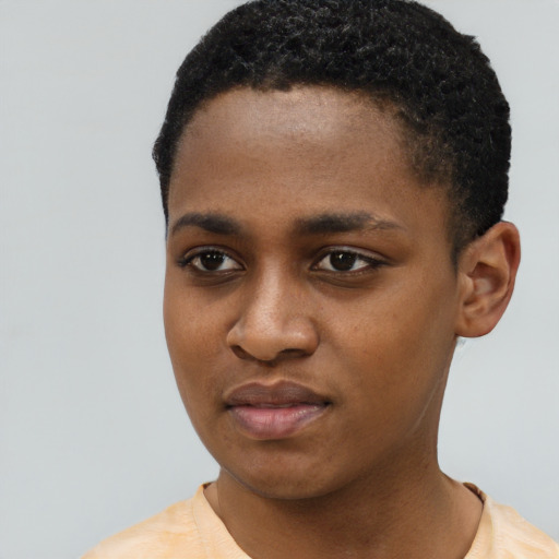 Joyful latino young-adult female with short  black hair and brown eyes
