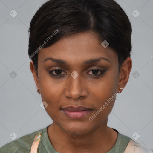 Joyful black young-adult female with short  brown hair and brown eyes