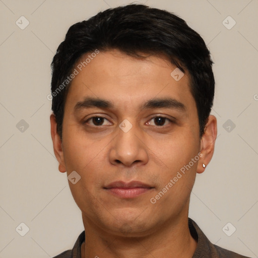 Neutral latino young-adult male with short  black hair and brown eyes