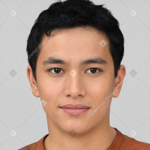 Neutral asian young-adult male with short  black hair and brown eyes