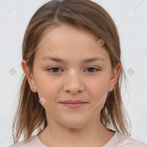 Joyful white child female with medium  brown hair and brown eyes