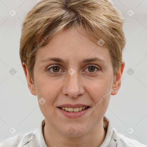 Joyful white adult female with short  brown hair and grey eyes