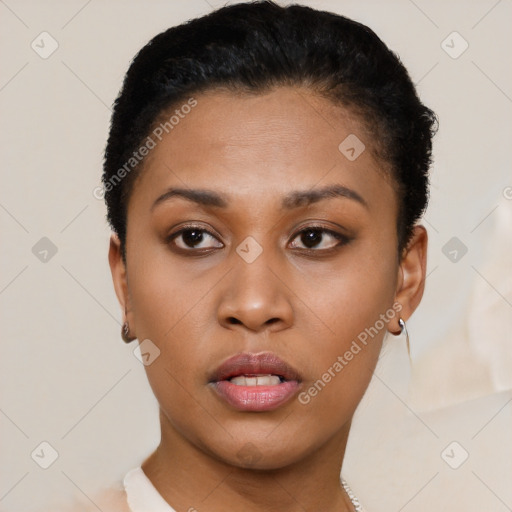 Neutral black young-adult female with short  brown hair and brown eyes