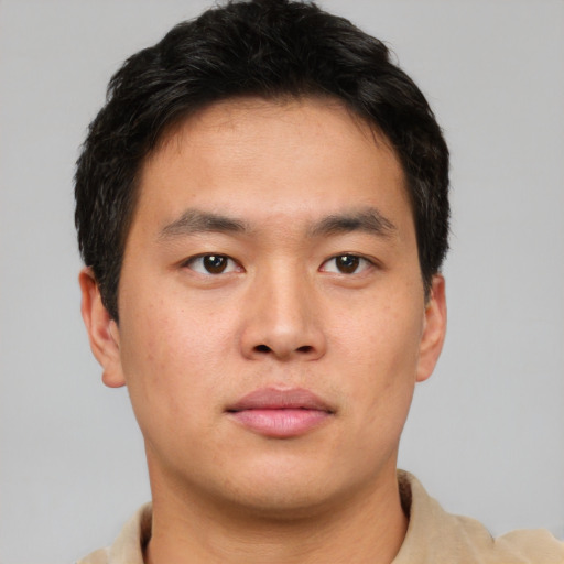 Neutral asian young-adult male with short  brown hair and brown eyes