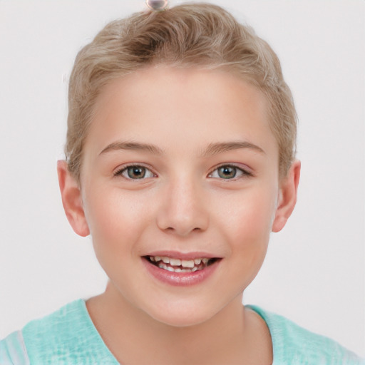 Joyful white child female with short  brown hair and brown eyes