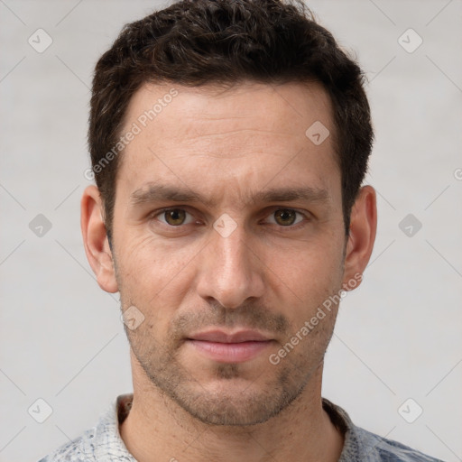 Neutral white young-adult male with short  brown hair and grey eyes