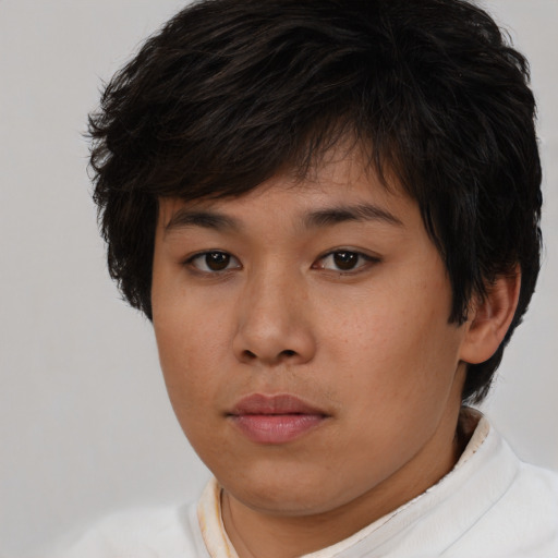 Neutral asian young-adult female with short  brown hair and brown eyes