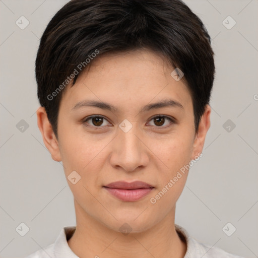 Joyful white young-adult female with short  brown hair and brown eyes