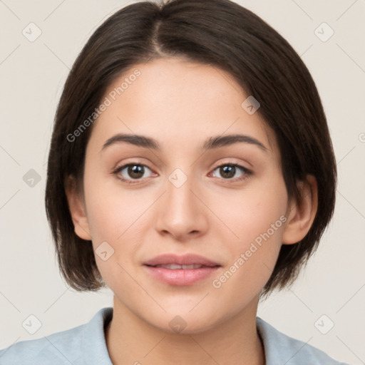 Neutral white young-adult female with medium  brown hair and brown eyes