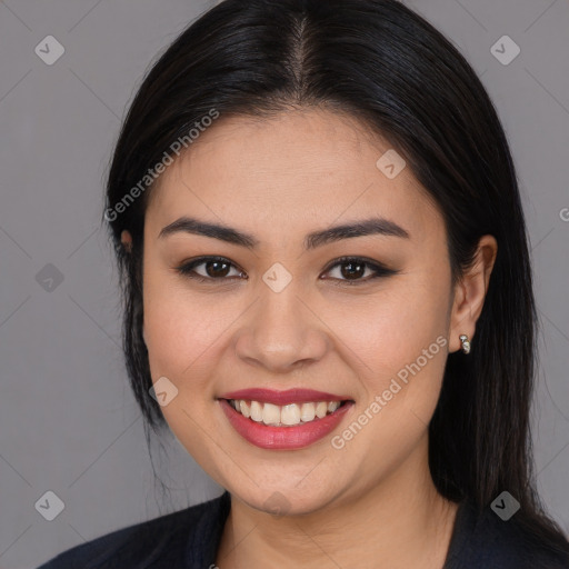 Joyful white young-adult female with long  brown hair and brown eyes