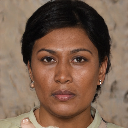Neutral asian young-adult female with medium  black hair and brown eyes
