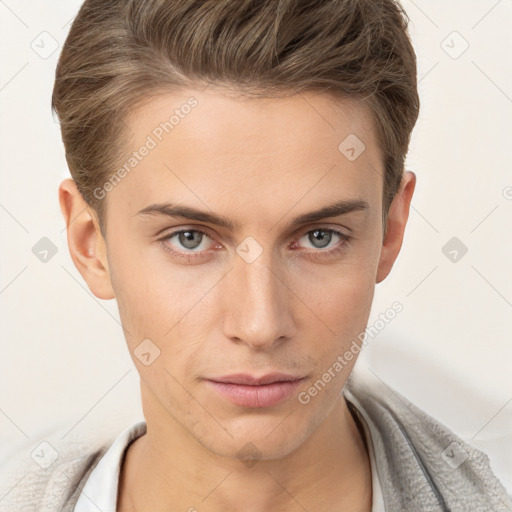 Neutral white young-adult male with short  brown hair and brown eyes