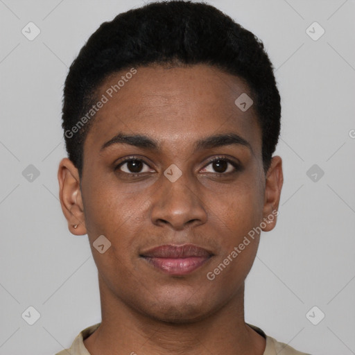 Joyful black young-adult male with short  black hair and brown eyes