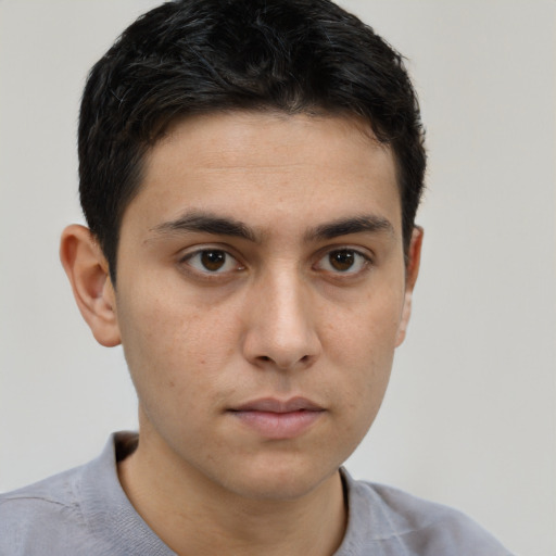 Neutral asian young-adult male with short  brown hair and brown eyes