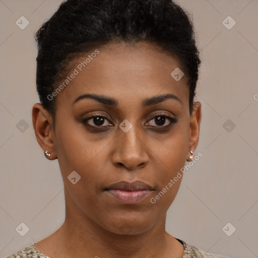 Neutral black young-adult female with short  brown hair and brown eyes