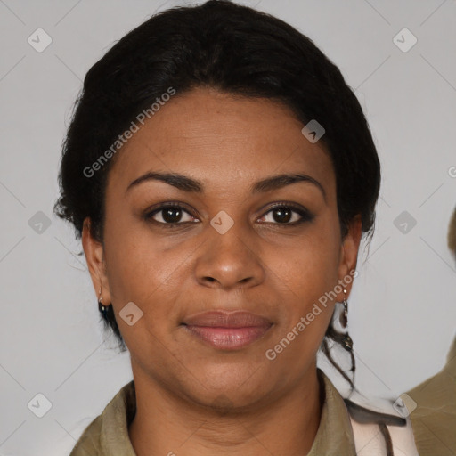 Joyful black young-adult female with medium  black hair and brown eyes