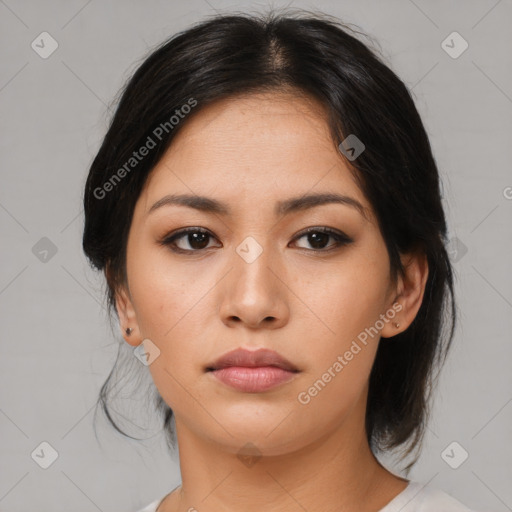 Neutral asian young-adult female with medium  black hair and brown eyes