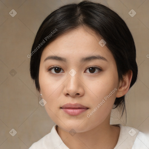 Neutral asian young-adult female with medium  brown hair and brown eyes