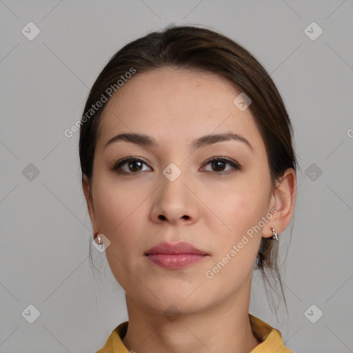 Neutral white young-adult female with medium  brown hair and brown eyes