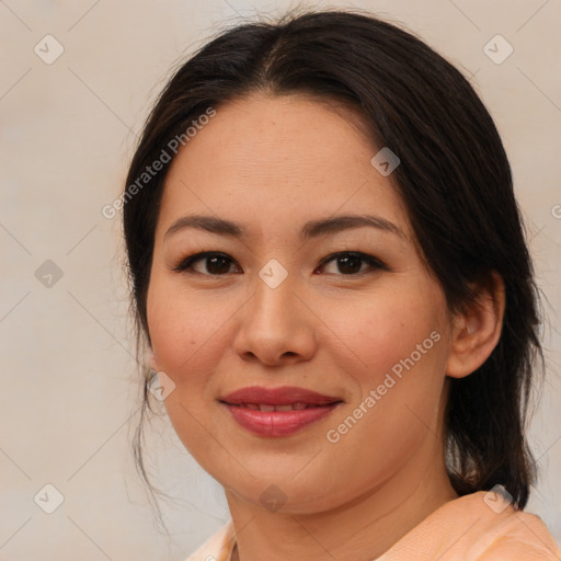 Joyful white young-adult female with medium  brown hair and brown eyes