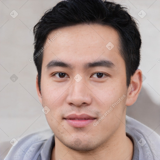 Neutral asian young-adult male with short  black hair and brown eyes