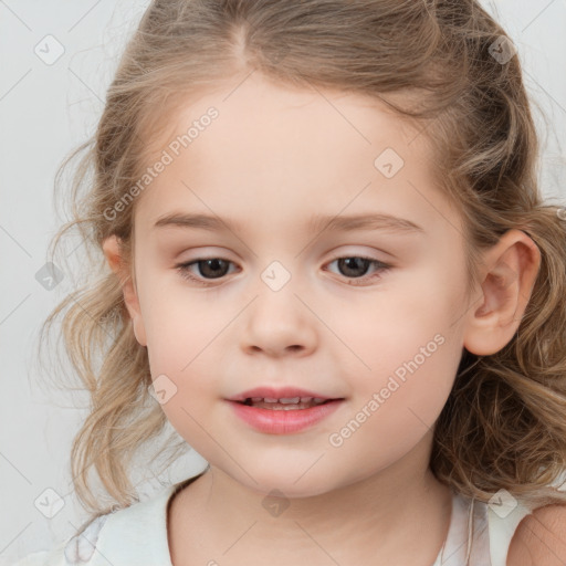 Joyful white child female with medium  brown hair and grey eyes