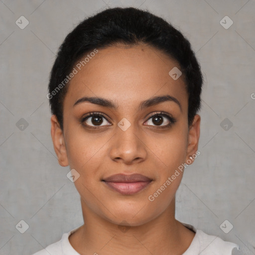 Joyful latino young-adult female with short  black hair and brown eyes