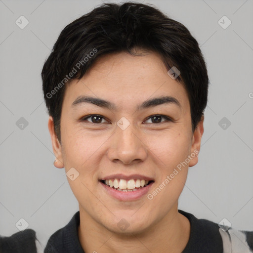 Joyful asian young-adult female with short  brown hair and brown eyes