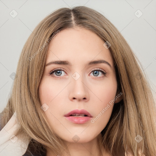 Neutral white young-adult female with long  brown hair and brown eyes