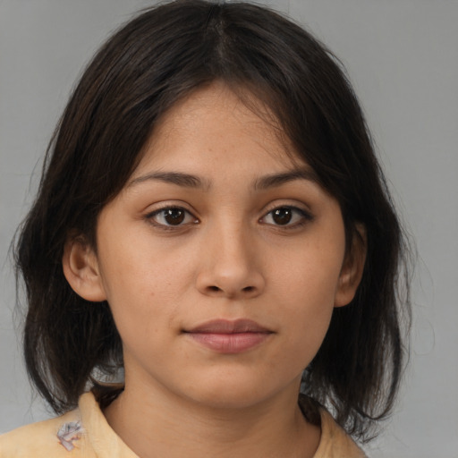 Neutral asian young-adult female with medium  brown hair and brown eyes
