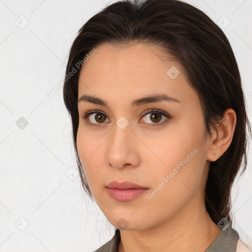 Neutral white young-adult female with medium  brown hair and brown eyes