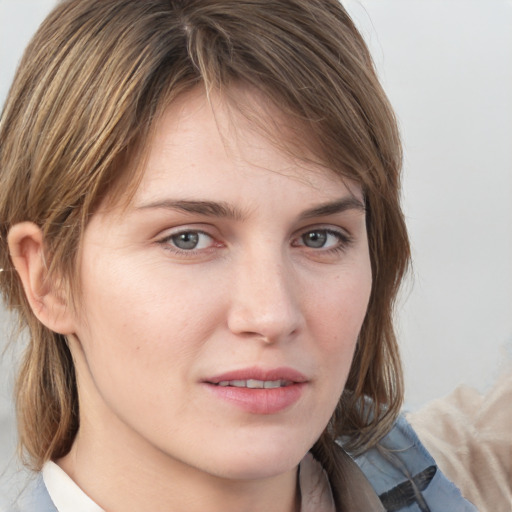 Neutral white young-adult female with medium  brown hair and grey eyes